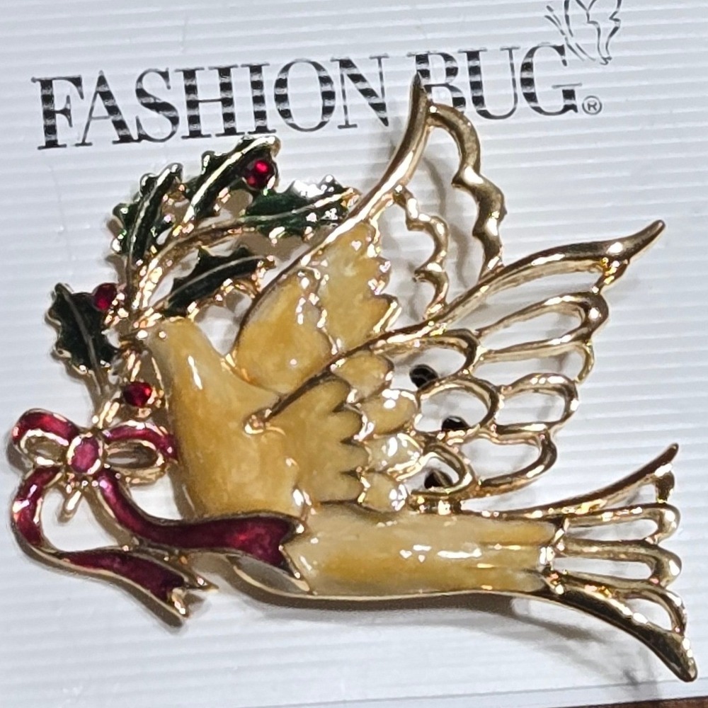 Fashion Bug Christmas Dove Brooch Gold Tone Enamel Holiday Bird Pin